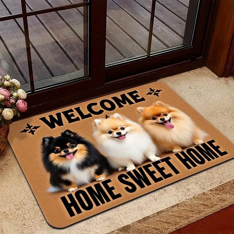 Pomeranian Welcome Home Print Doormat Three Cute Puppies Design Non Slip Floor Mat for Dog Lovers Home
