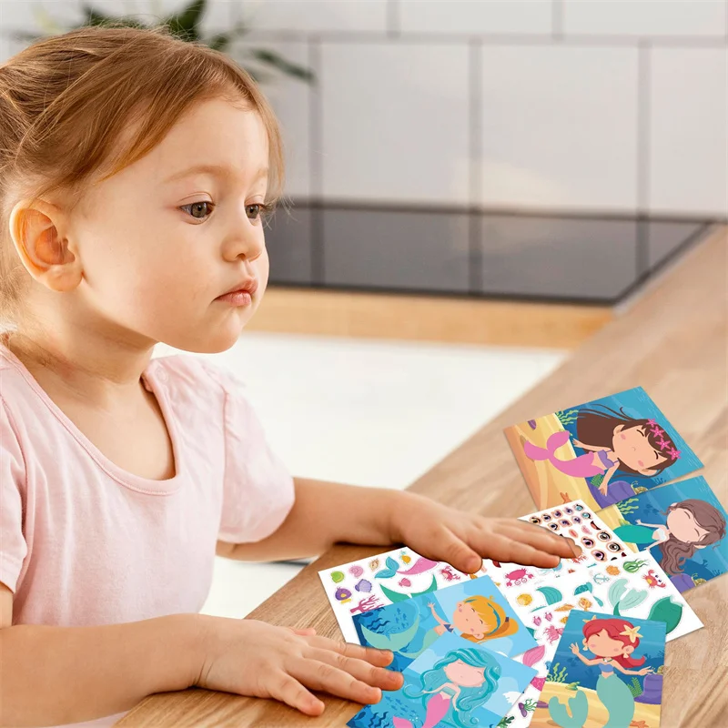 Adesivi per il viso fai da te per bambini Cartoon crea i tuoi adesivi per la principessa della sirena giocattoli artigianali per bambini giochi di Puzzle decalcomanie bomboniere