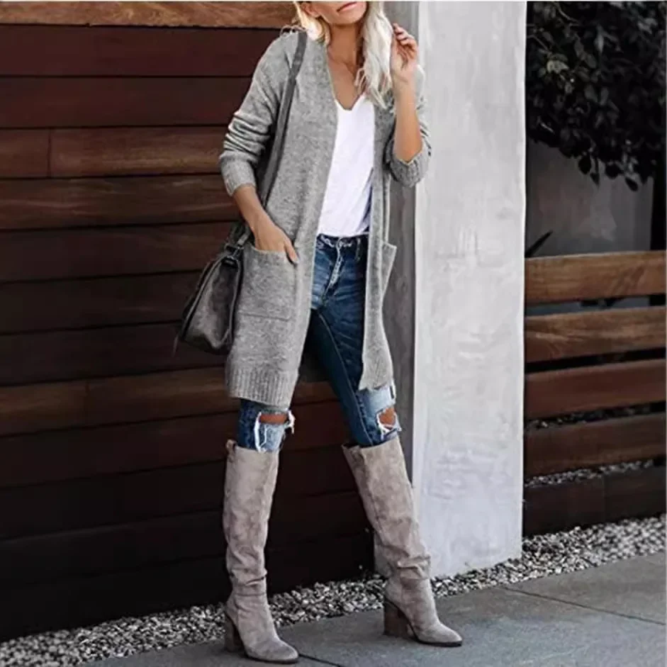 Women's Knitted Cardigan Pocket Long Sleeved Casual Knitted Loose Knitted Sweater Sweater Jacket 2024 Autumn