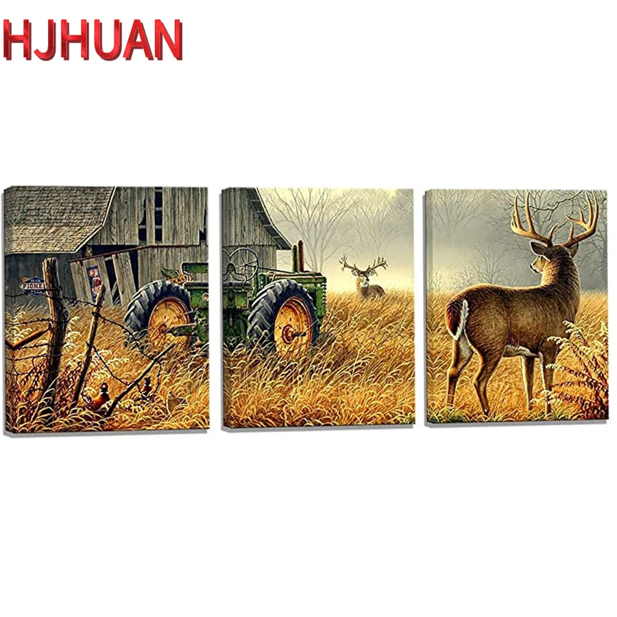 Full Square Diamond Painting, Deer Country, Wildlife Hunting, Brown Theme Scenery, Diamond Embroidery, Rhinestone Mosaic, 3Pcs