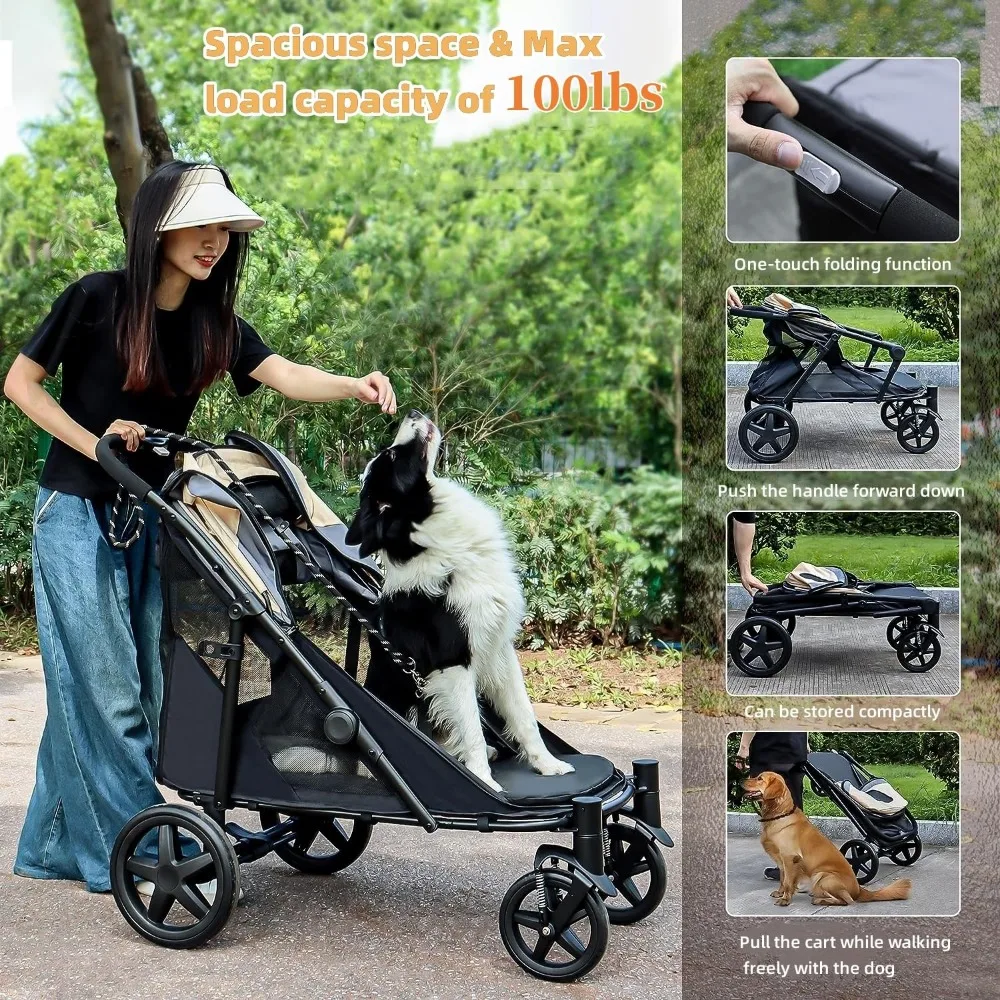 Para cães médios/grandes carrinho de estimação de 4 rodas carrinho de cachorro dobrável para com bolso de armazenamento adequado para animais de estimação até 110lbs