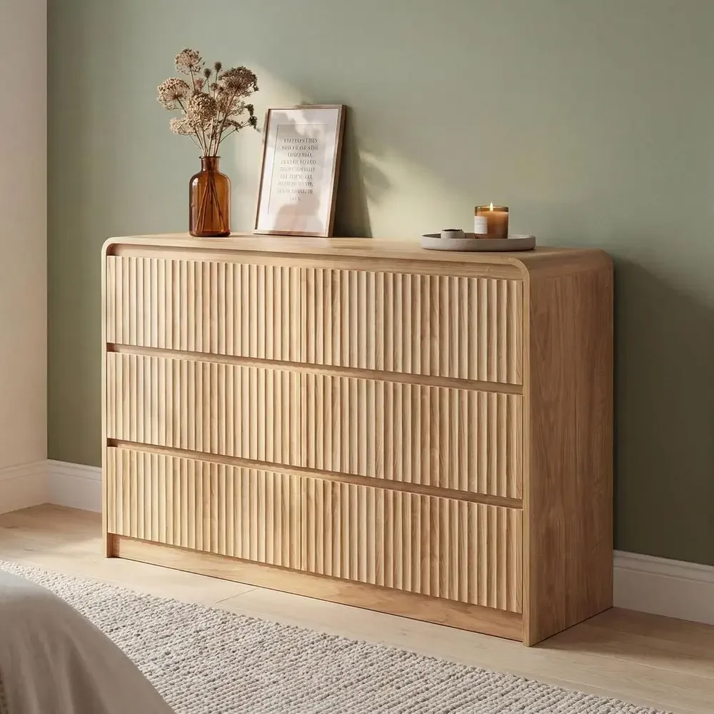 47 Wide Wooden Drawer Chest - Curved Anti-Collision & Anti-Tipping, Modern Bedroom, Living Room, TV Stand, Natural Oak Finish