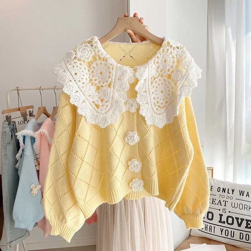 Korejpaa 2024 Lace Peter Pan Collar Sweater Cardigans Women Spring Sweet Knitted Sweaters Outwear Korean Fashion Gentle Top