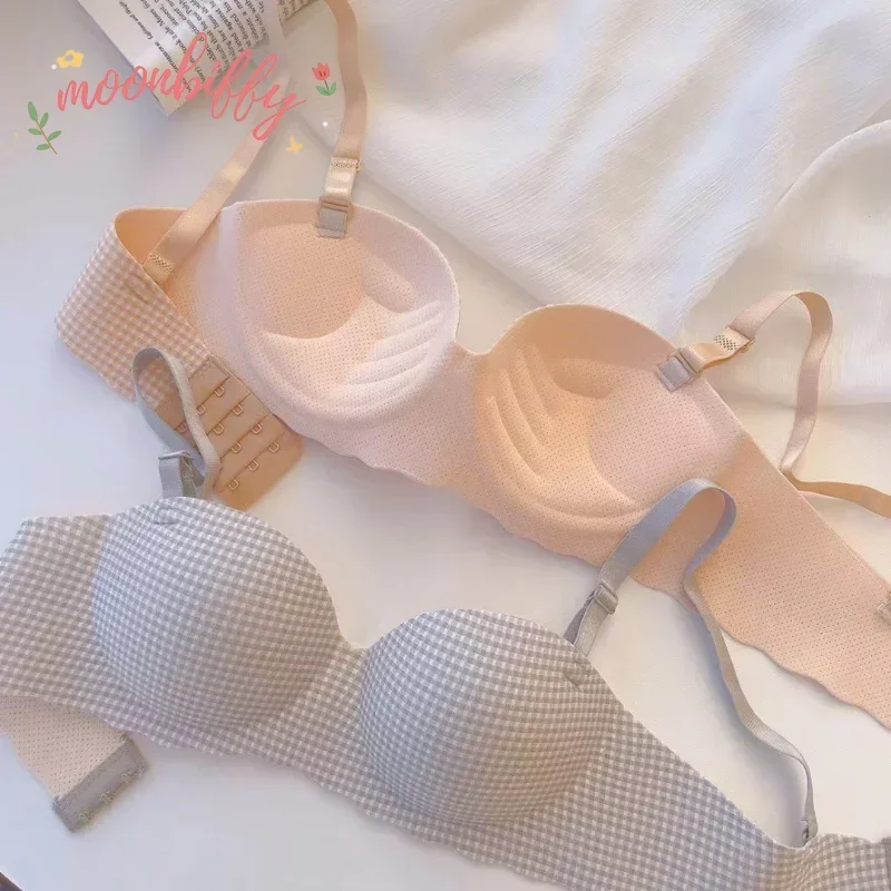 ผู้หญิง ICE Bra หนึ่งถ้วยหนาสบายไม่มีแหวนเหล็กชุดชั้นในเซ็กซี่ Push Up Bralette ชุดชั้นในแฟชั่น Plaids รูปแบบ Bra