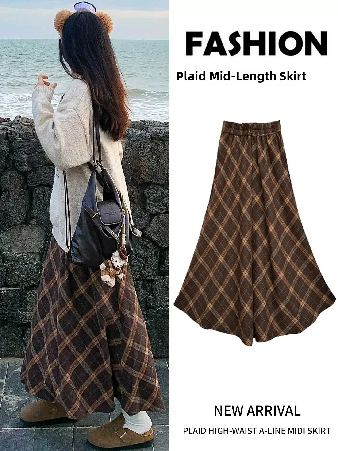 High Waist Plaid Woolen  Skirt Women's Autumn Style plus Size Vintage Half Skirt Slimming Effect Girls Love Pleats