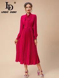 LD LINDA DELLA Autumn and Winter New Style Fashion Dress Women's Red Bow High Waist Splice Draped Elegant Party Long Dress