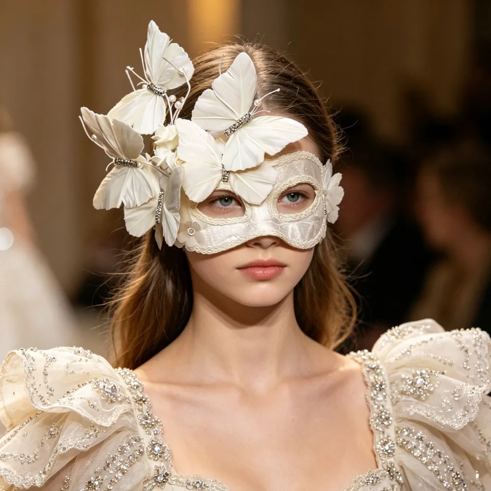 Luxury White Feather Butterfly Lace Masquerade Mask Exaggerated Venetian Mask for Halloween Party Women Photoshoot Prop