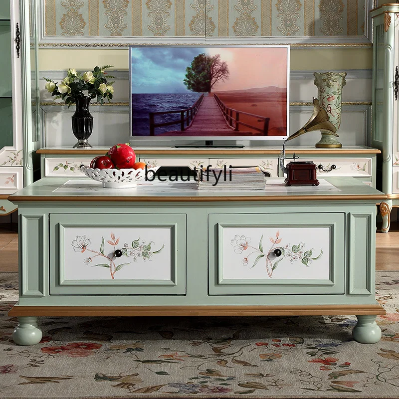 American Idyllic Painted Living Room Long End Table 1.2 M Rectangular Tea Table Solid Wood Drawer Storage