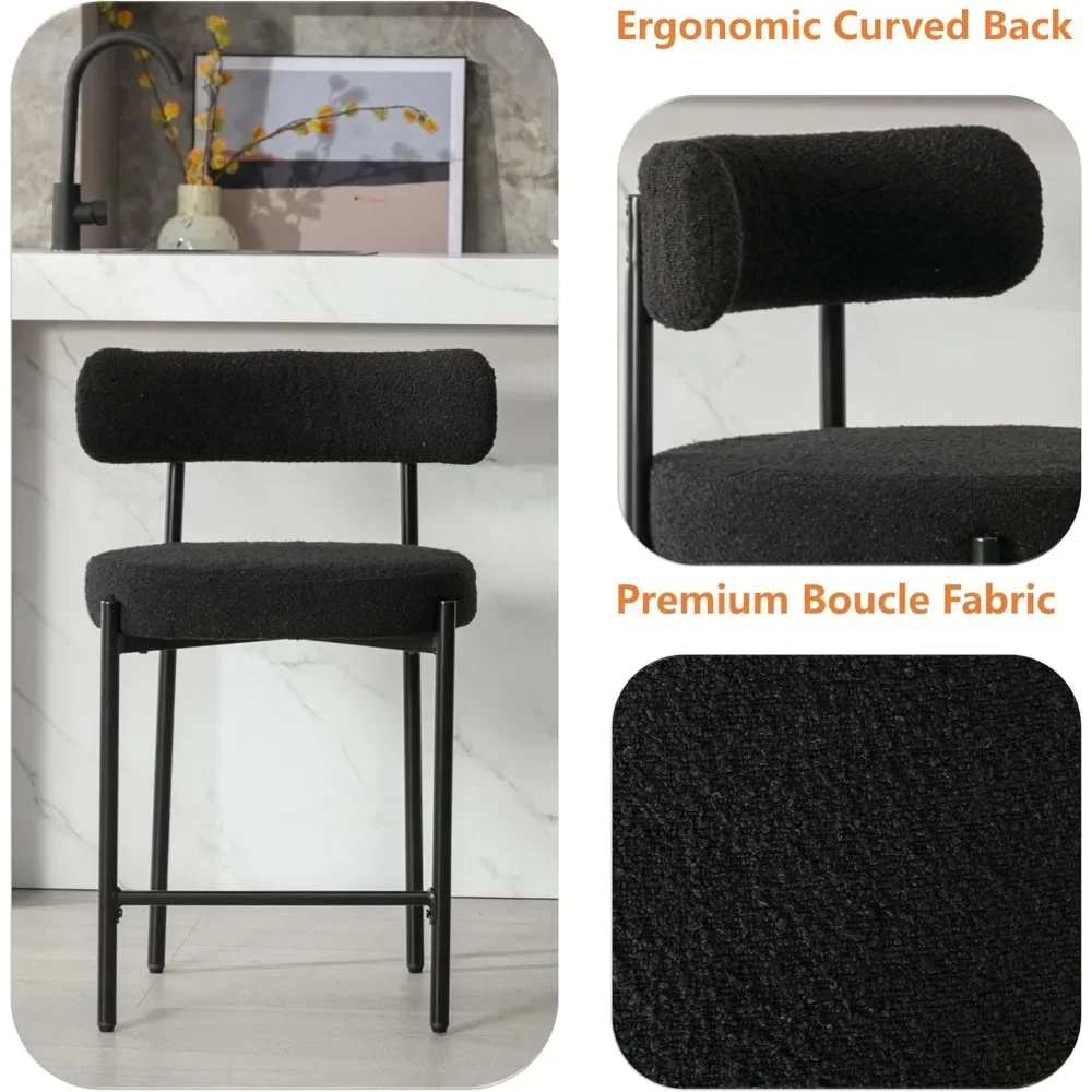 24\'\' Boucle Counter Stools Set of 4, Black Bar Stools with Backs, Counter Height Bar Stools for Kitchen Island/Kitchen Counter