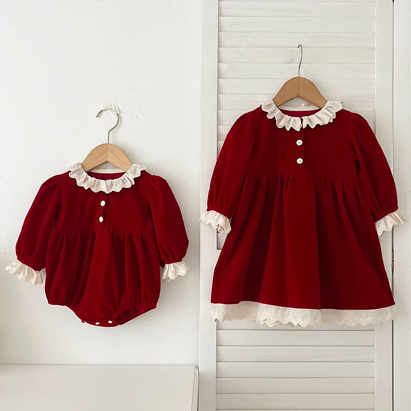 2024 New Autumn Sister Dress Christmas 2-6Yrs Girl Party Dress Long Sleeves Lace Splicing Kids Princess Dresses Baby Girl Romper