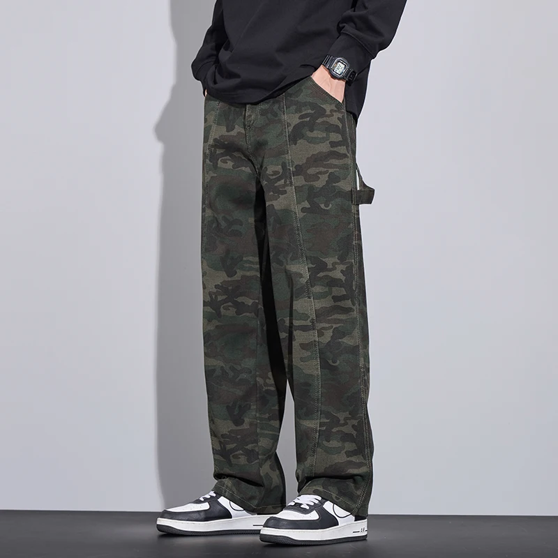 Homens e Mulheres Camuflagem Calças Cargo, Calças Jeans Low Rise, Calças Jeans, Retas, Retro, Perna Larga, Harajuku, Streetwear, Y2K