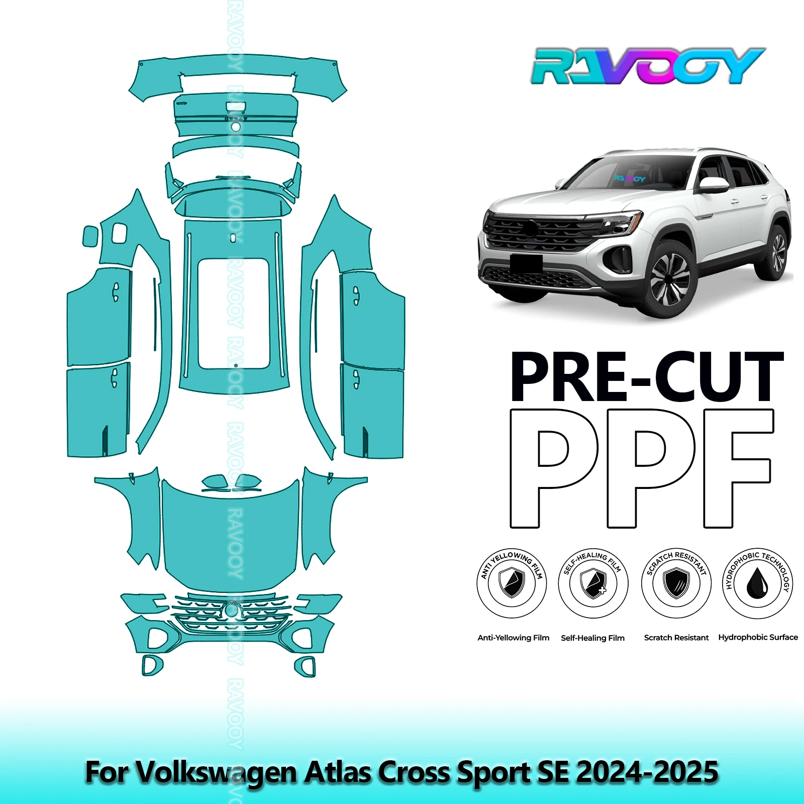 For Volkswagen Atlas Cross Sport SE 2024-2025 Full Body 8.5Mil Pre-Cut Paint Protection Film PPF Clear Bra Kit Clear/Matte/Black