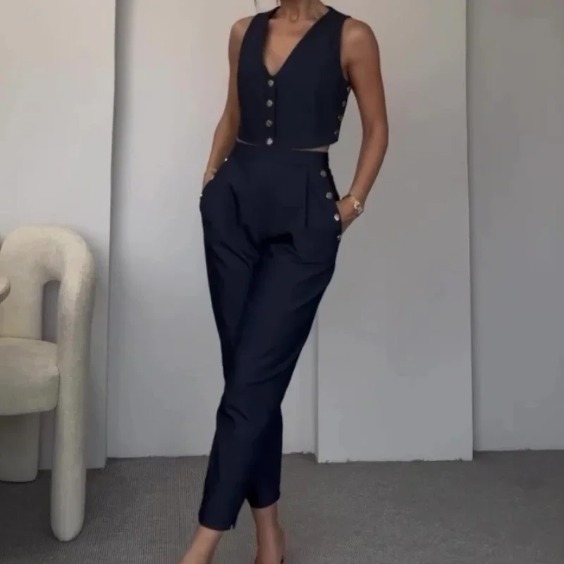 Two Piece Sets Women Slim Pants Set V Neck Sleeveless Work Y2k Vest Tops High Waist Elegant Splice Straight Long Pants Summer