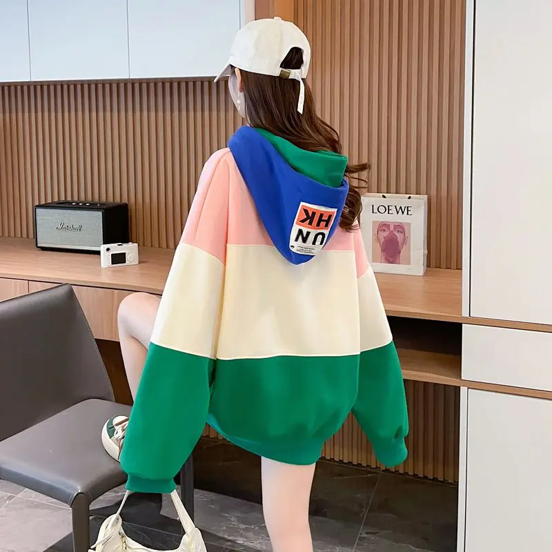Personalized Contrasting Color Strap Sweatshirts Splicing Medium Long Hooded Women\'s Korean Casual Color Print Loose Pullovers