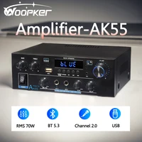 Woopker amplificador de Audio AK55 estéreo HiFi Channel2.0 RMS70W * 2 Bluetooth 5,3 compatible con amplificador de potencia de subwoofer alimentado por AUX/OPT/RCA