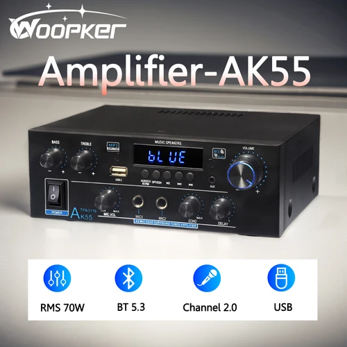 Woopker amplificador de Audio AK55 estéreo HiFi Channel2.0 RMS70W * 2 Bluetooth 5,3 compatible con amplificador de potencia de subwoofer alimentado por AUX/OPT/RCA