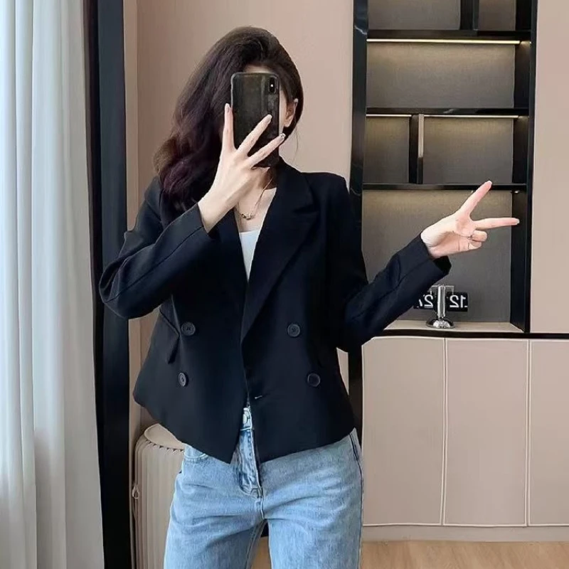 

Women's 2025 New Black Short Spring Autumn Korean Style Premium Petite Casual Minimalist Work Ready Double Breasted Blazer