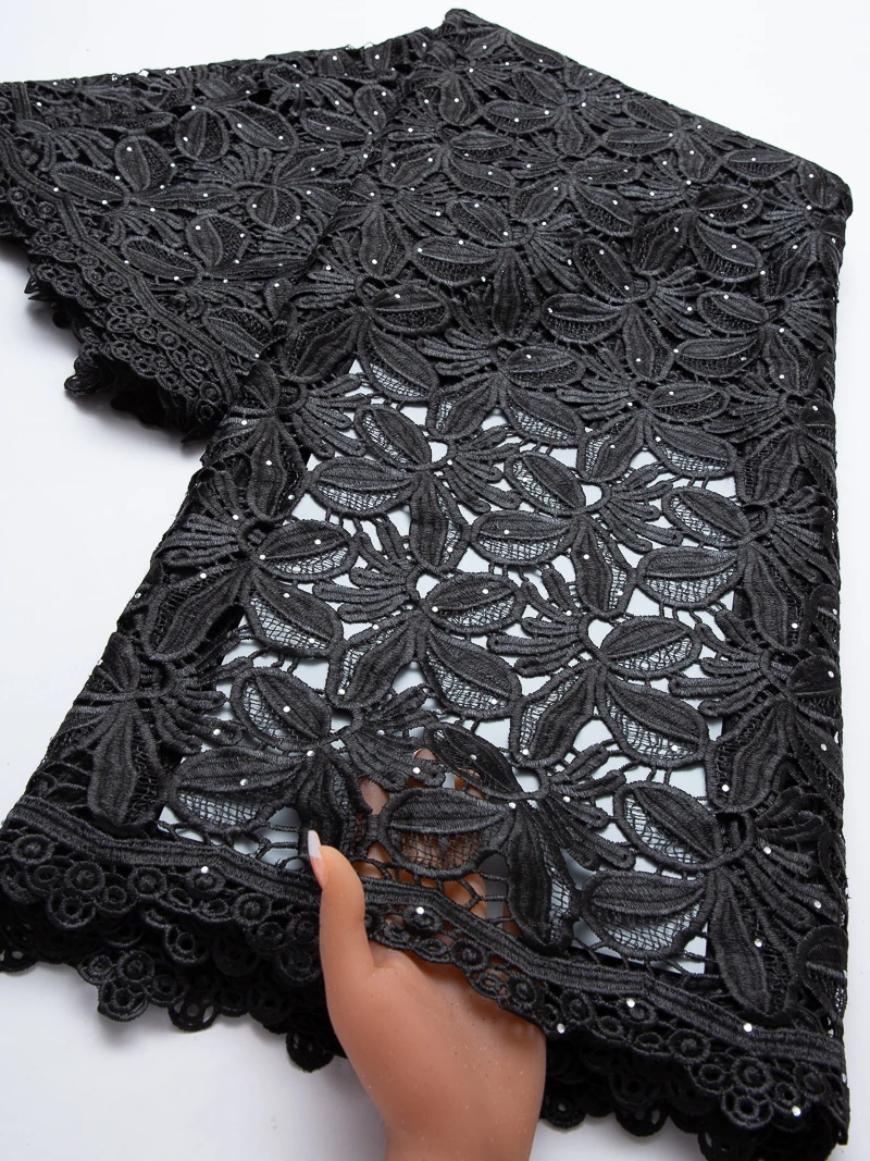 Black African Grand Wax Guipure Cord Lace High Quality Nigerian Sequins Water Soluble Lace Fabric For Sew Party Dresses,5yards