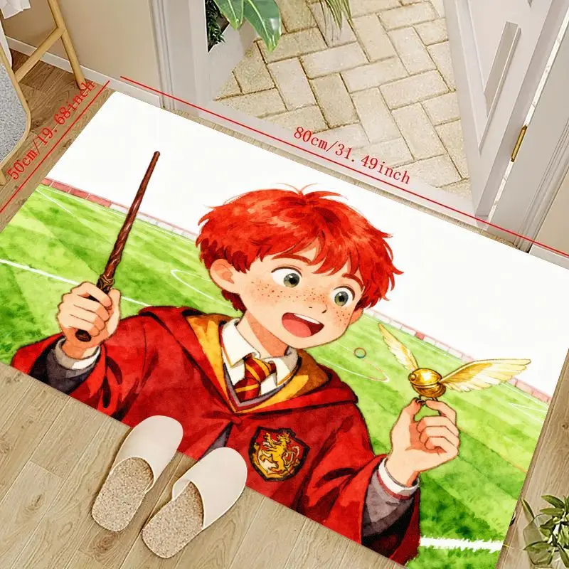 1 alfombrilla de suelo con tema de Harry Potter de dibujos animados de Anime, lindo personaje de Gryffindor Wizard Ron con varita y alfombra de área de francotiro dorado, no