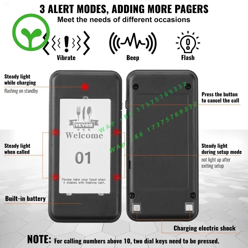 【Premium】  16pcs Restaurant Pager System Wireless 500m Long Range Lineup Waiting Queue Signal Guest Customer Calling Beepers