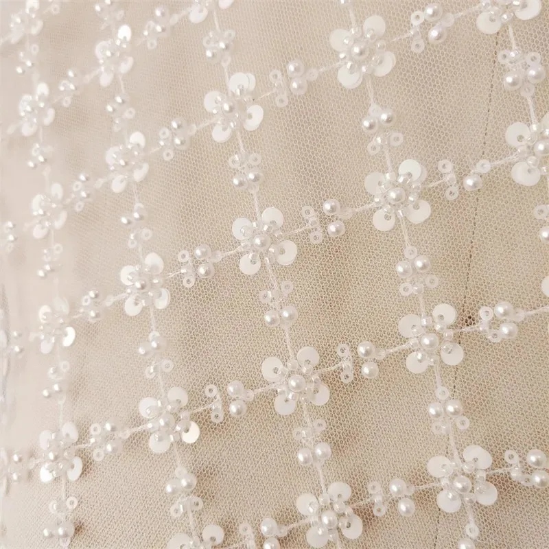 

White Sequin Embellished Pearl Mesh Fabric for DIY Clothing Shoes Bags Lace Trims Wedding Dresses Skirts Curtains