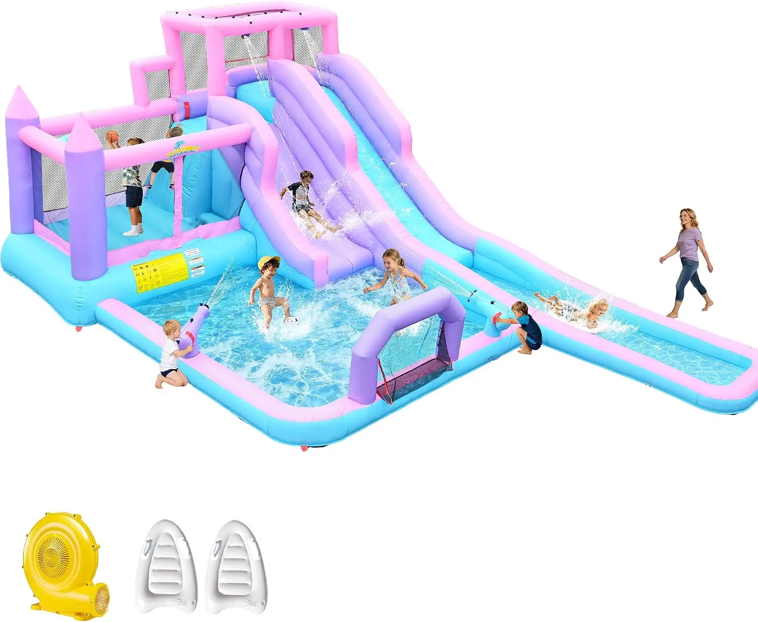 8-in-1 Inflatable Water Slide Park, 20 x 12 Ft Backyard Bounce House for Kids Ages 3-10 with 17.9 Ft Long Slide, 2 Inflatable Bodyboards, Includes 650W Blower