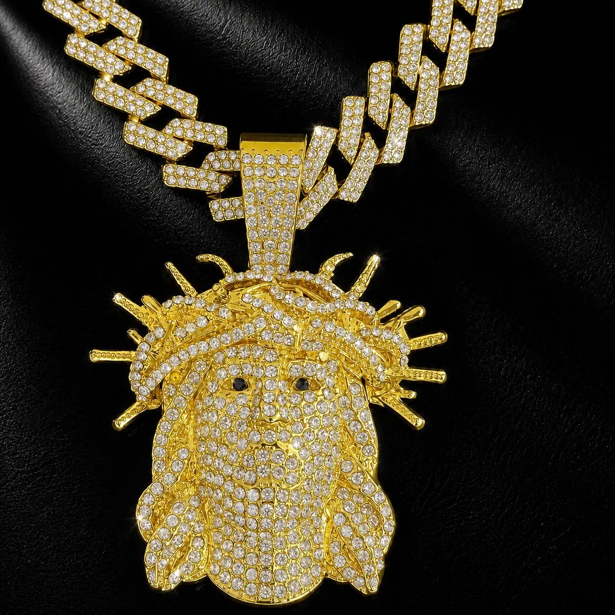 Hip‑Hop Thorn Spikes Human Portrait Pendant Necklace For Men Alloy Iced‑Out Zircon Cuban Chain Street Fashion Neck Jewelry