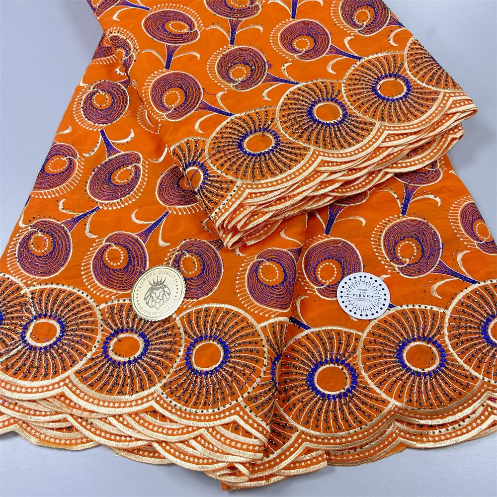 

Orange Swiss Voile Lace Embroidery Cotton Voile African Lace Fabrics With Stones Nigerian Lace 5 Yards For Women Dress