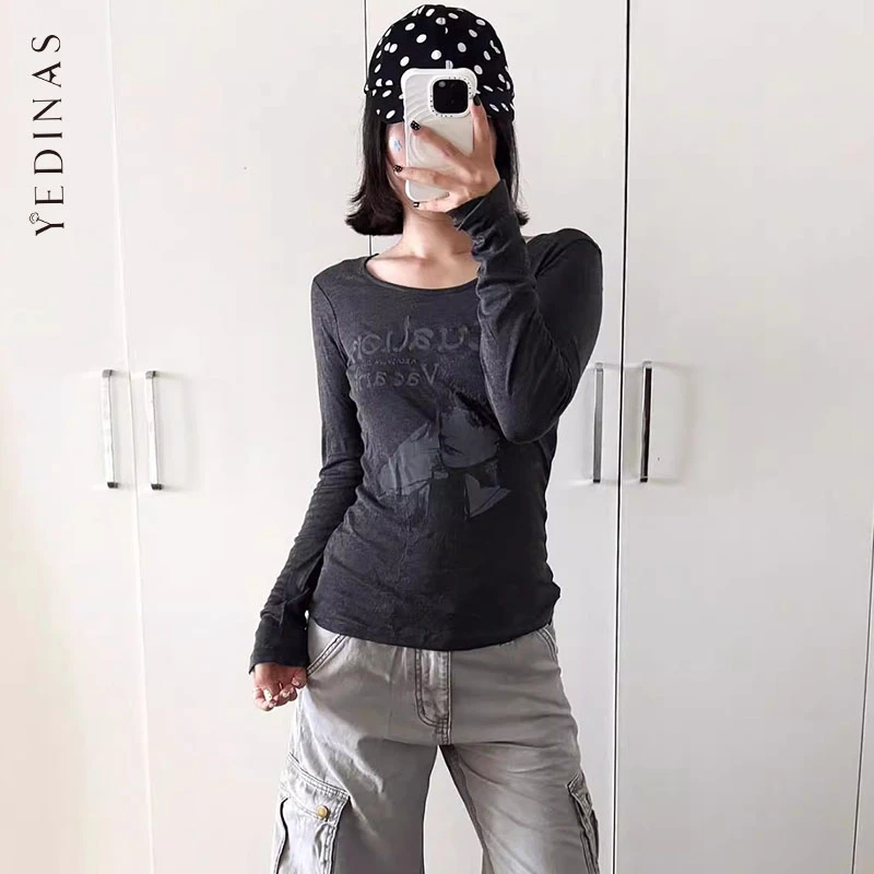 

Yedinas Streetwear Graphic T Shirts Woman Clothes Long Sleeve Korean Fashion 2000s Clothes Y2k Tees Female Clothing Autumn Tops