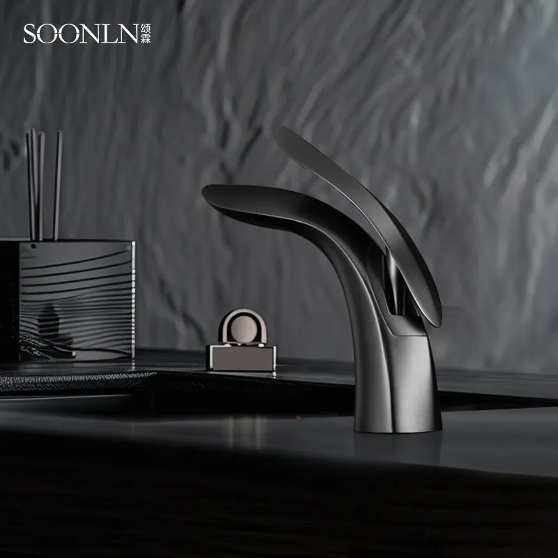 

Смеситель для раковины в скандинавском стиле, черный, для горячей и холодной воды, из белой меди, для установки под столешницу, для кухни и ванной комнаты