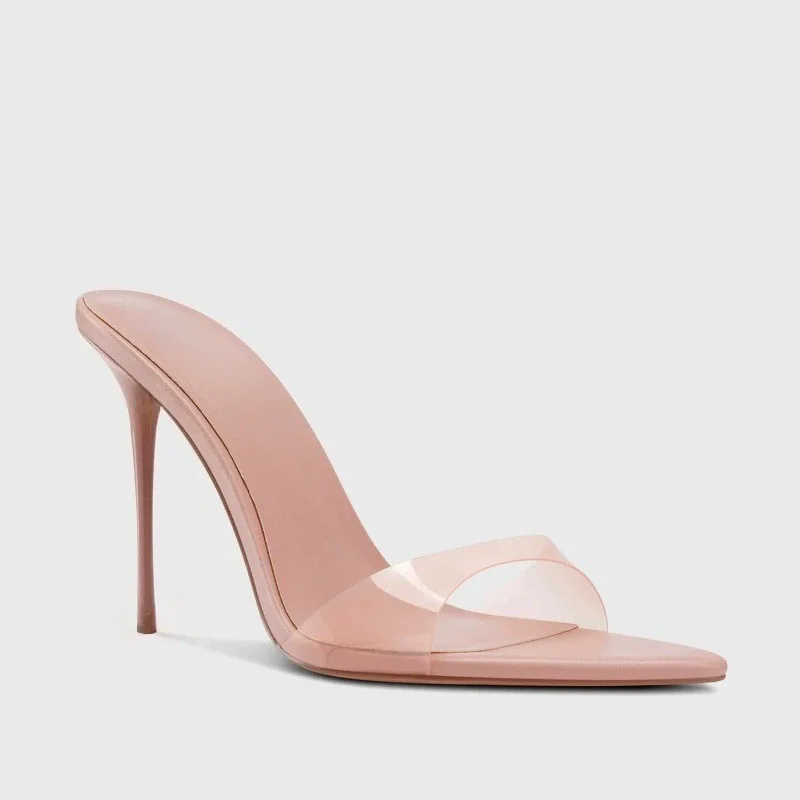 

Тонкие тапочки на высоком каблуке, новые летние персиковые сердечки с острым носком, ПВХ, одно слово, сексуальные модные тапочки, банкетные женские сандалии большого размера