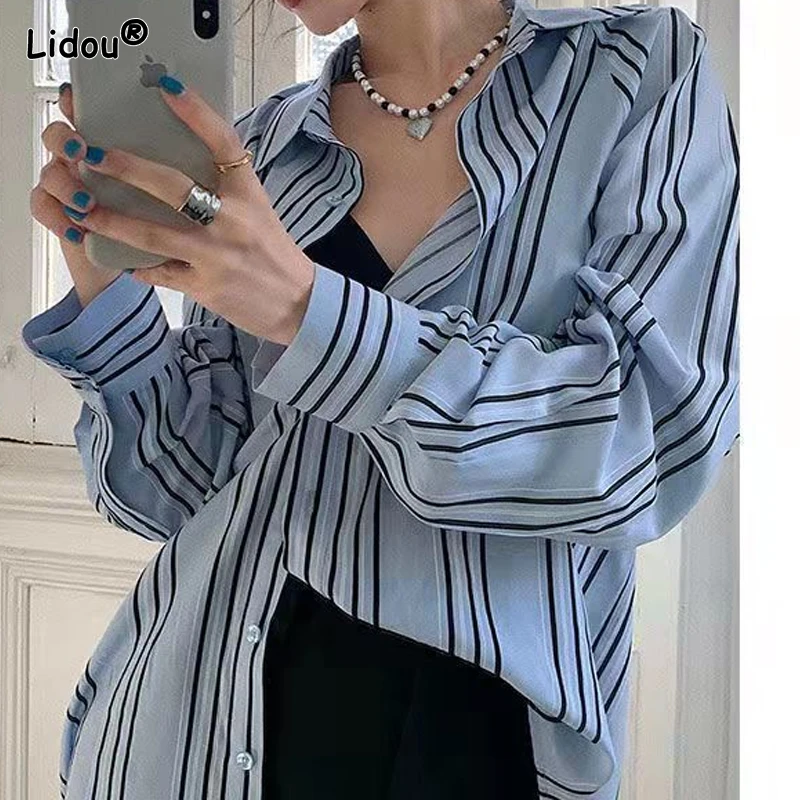 Generous Women's Clothing Dignified Turn-down Collar Button Temperament Spring Summer Skinny Striped Blouses Office Lady Casual