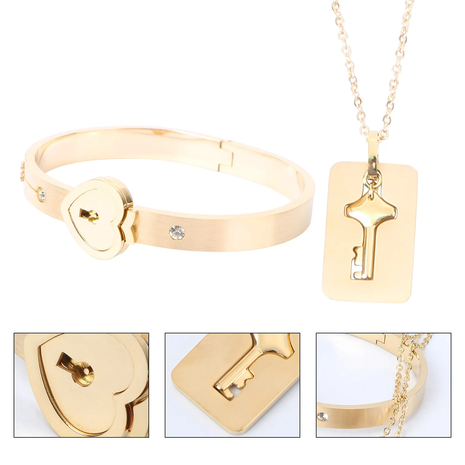 Heart Shape Titanium Steel Bracelet with Key Necklace Lock Charm Delicate Elegant Gift for Valentine's Day Wedding Mothers Day