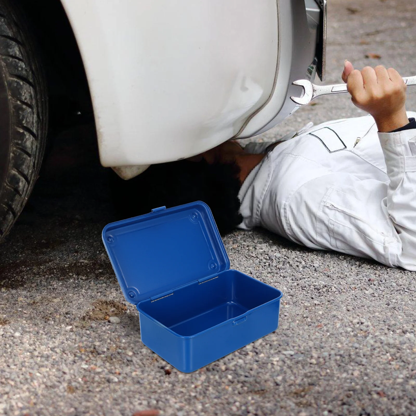 

Tool Storage Box Case Toolbox Metal Boxes Vintage Small Iron Blue Portable Steel
