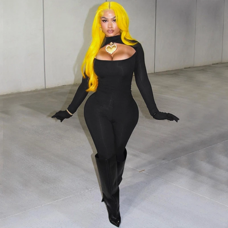 

STYLISH LADY Cut Out Jumpsuits with Scaves 2025 Autumn Women Long Sleeve Stand Neck Bodycon Black Sexy Club Party Overalls