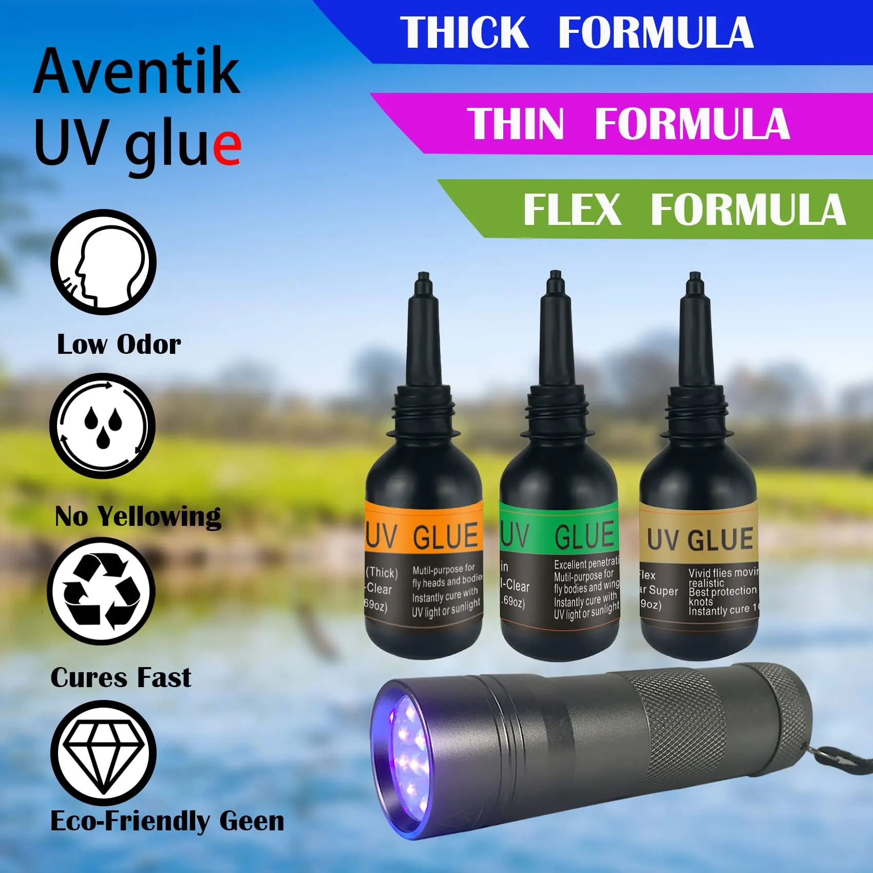 Aventik Fly Fishing Fly Tying UV Glue Clear Combo Tool Kit with 395nm Zoom-able UV Pen for Building Flies Flies Heads Bodies Ect