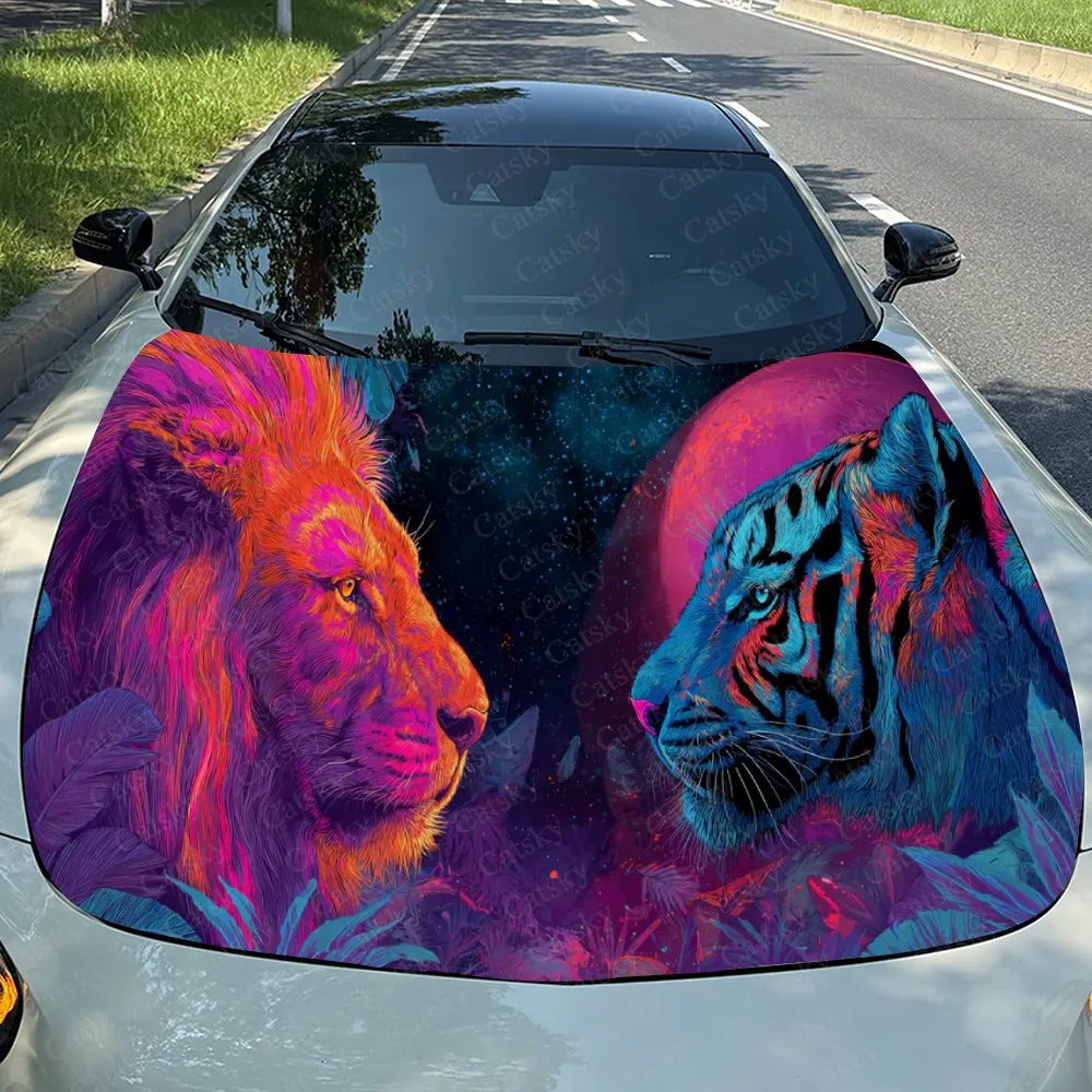 

Неоновая виниловая пленка для автомобиля с изображением льва и тигра, водонепроницаемая наклейка на капот из ПВХ, самоклеящиеся устойчивые к царапинам наклейки