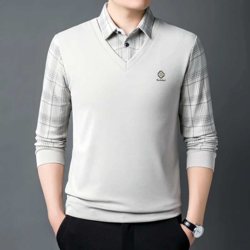 New Men's Long Sleeved Polo Print Craft Fake Two Piece Spring and Autumn Collar Slimming Men's Long Sleeved Polo