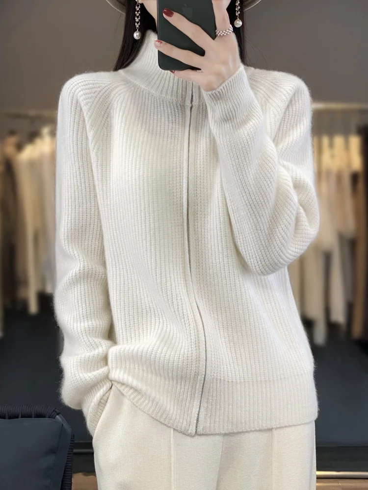 2024 Autumn Winter Pure Merino Wool Sweater Striped Zipper Turtleneck Knitted Cardigan Casual Thick Cashmere Clothing Tops