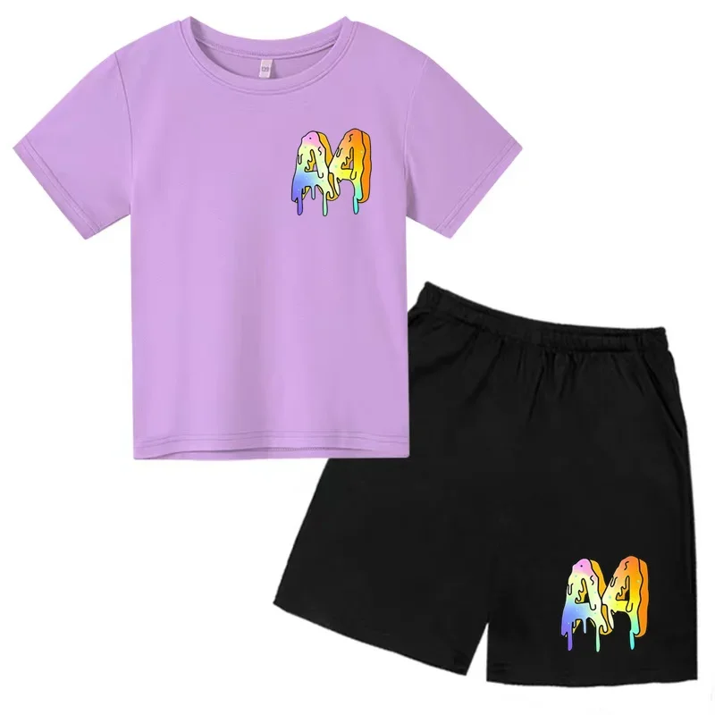 

Kid's Casual Two-Piece Set: Gradient M Print T-Shirt & Matching Shorts Polyester Children's Clothing