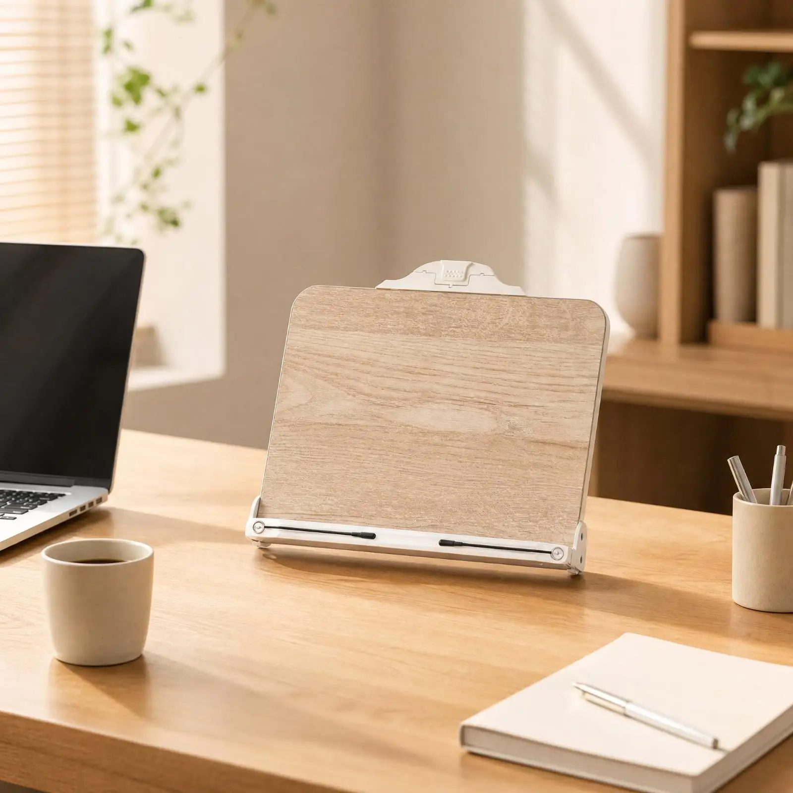 Desk Book Holder Adjustable Reading Stand with Phone Slot and Page Clips for Books Laptop Tablet No Assembly
