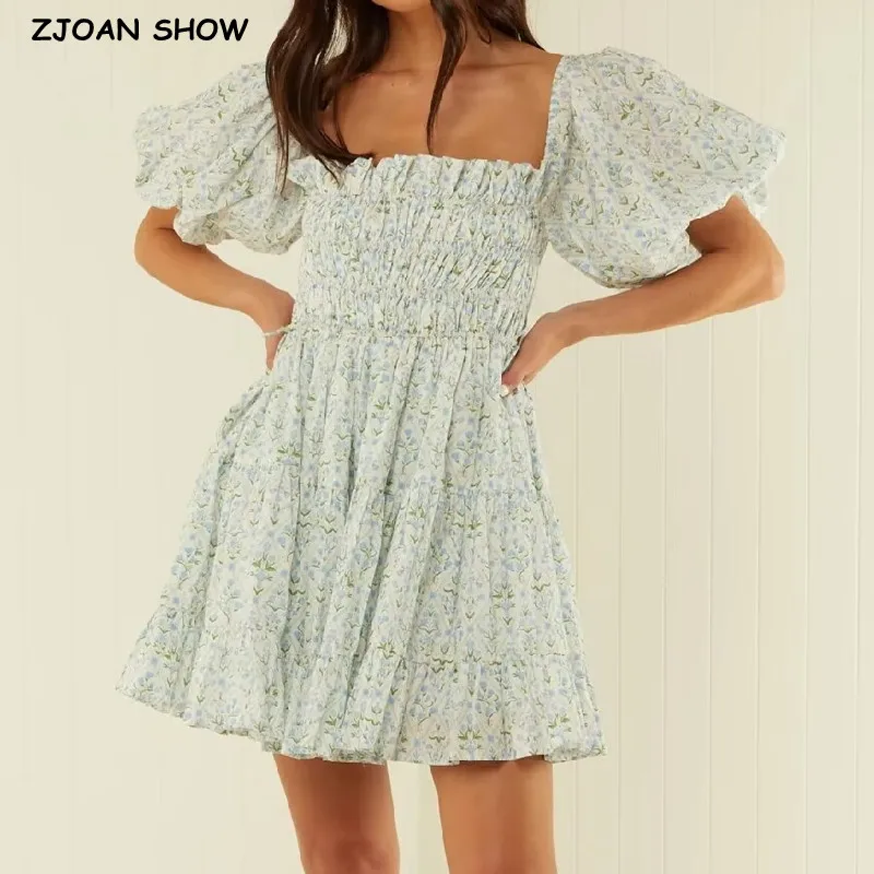 Sweet Blue Flower Print Bow Ruched Elastic Body Short Puff Sleeve Mini Dress Girl Ruffles Hem Swing Robe Fairy Women Vestidos