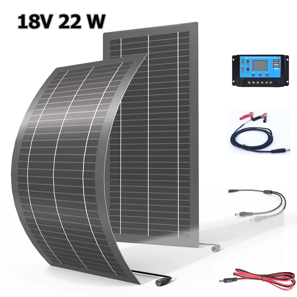 

22W 18V Outdoor Solar Charger 18V 11W Flexible Solar Panel Kit with10A controller For Travel Camping Phone Car Battery Generator