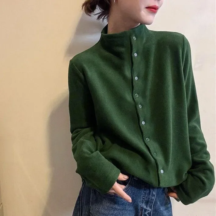 Comfortable Stand Collar Long Sleeve Top For Women Casual Office Wear With Button Detailing Regular Fit Spring Autumn Style
