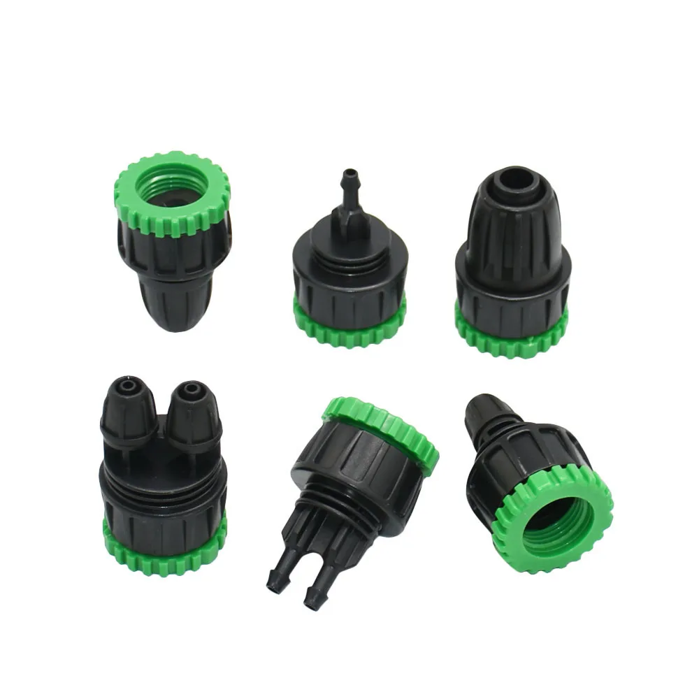 Adaptador de sistema de riego por goteo, rosca hembra a manguera de 4mm, 8mm, 16mm, Conector de lengüeta de manguera de 1/2, 3/4, 1/4, 3/8 pulgadas