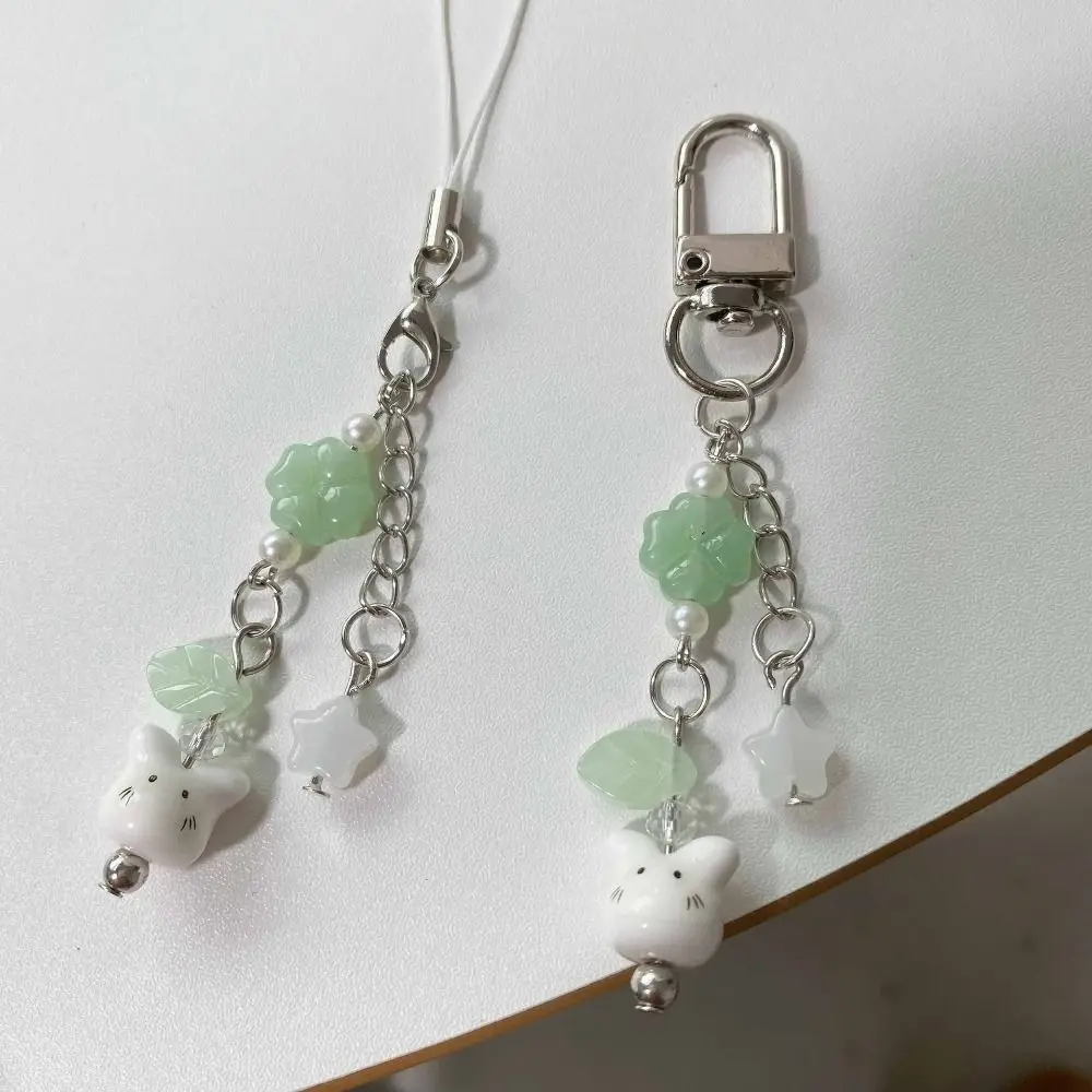 Y2K Cute Beaded Phone Charm Strap Cord Trendy Look Ceramics Bunny Keychain Hanging Decoration Rabbits Four Leaf Clover Pandant