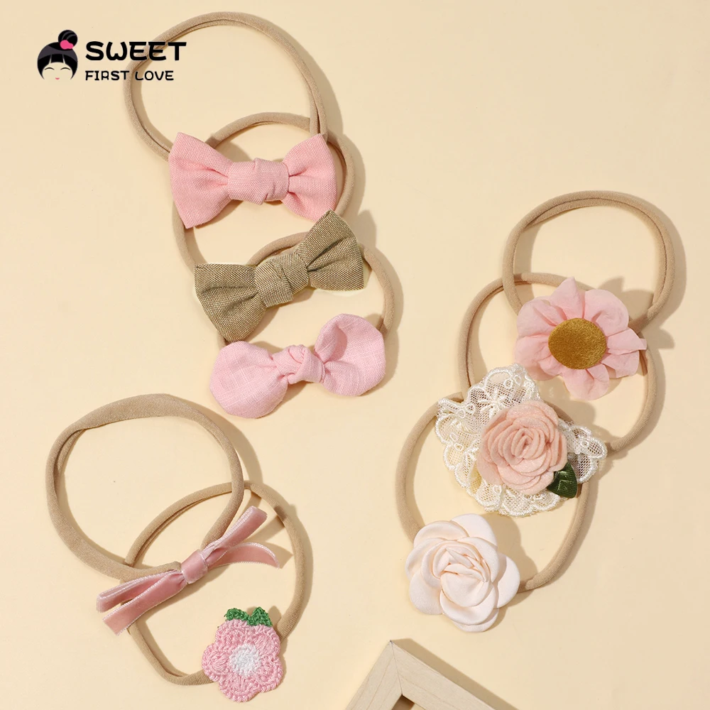 8Pcs/Set Pink Baby Elastic Headband Newborn Flower Bow Nylon Hair Bands for Girls Infant Toddler Soft Turban Hair Accessories