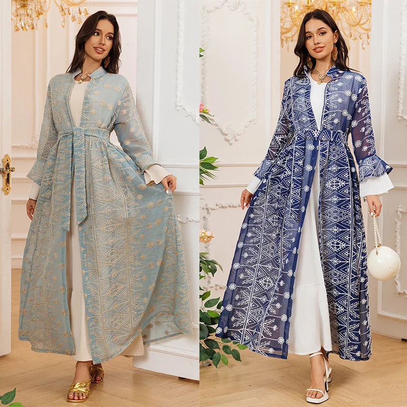 

Ab427 2026 Fall/winter New Arrival Elegant Long Dress With Bell Sleeves, Embroidered Long Dress And Cardigan Two-piece Set