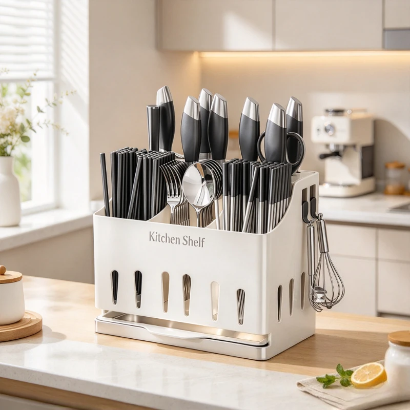 Knife Rack Stainless Steel Countertop Organizer with Drain Tray Ventilated Holder for Blades Board Chopsticks Kitchen Daily Use