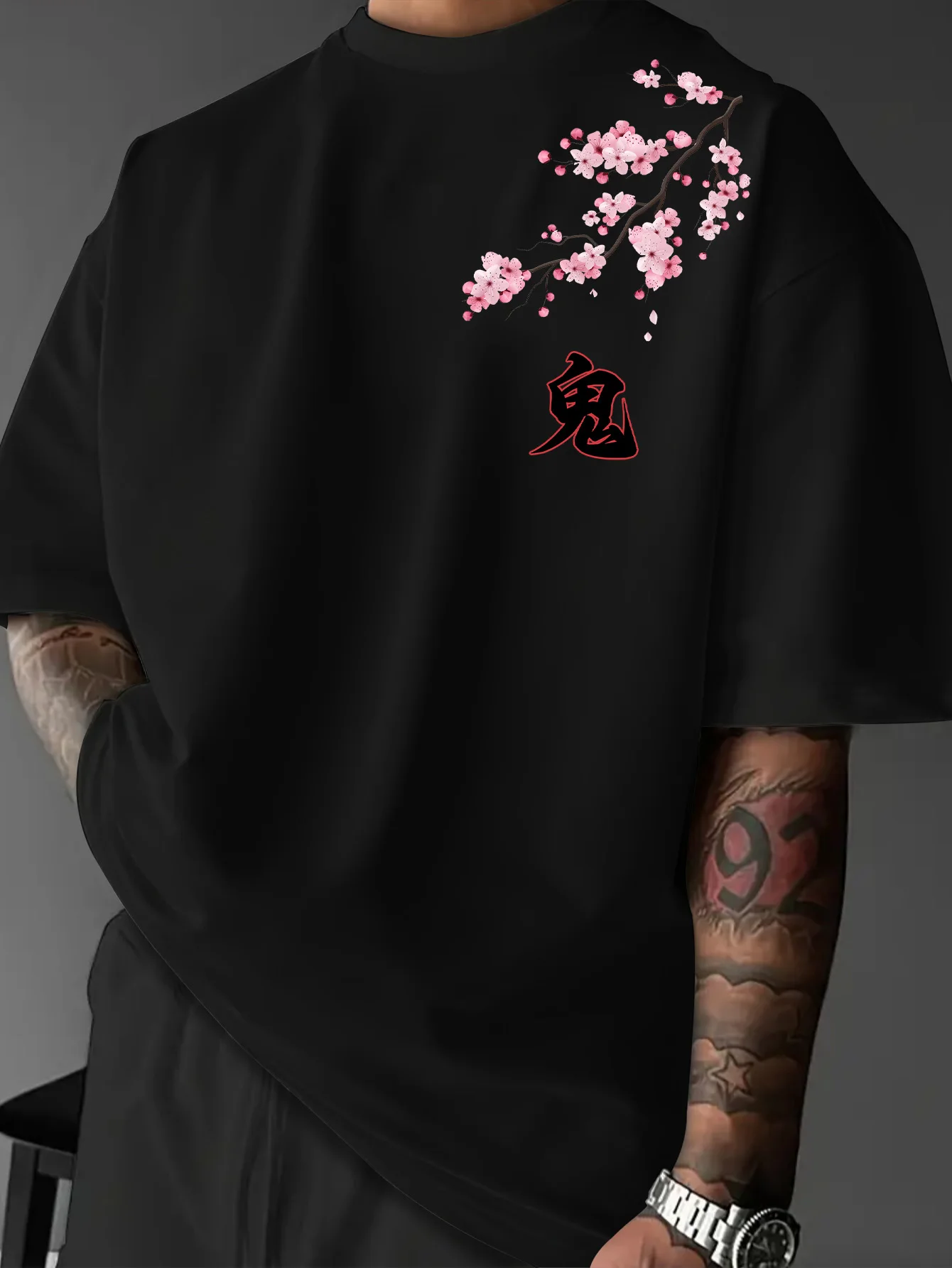 Men Japanese Oni Geisha Sakura Kanji Back Print Oversized Short Sleeve T-Shirt S-XXL